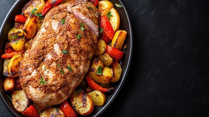 Poster - Roasted lamb with a crispy crust, presented with colorful roasted vegetables on a dark plate, surrounded by empty space.