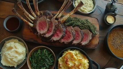 Poster - Sliced lamb roast arranged on a wooden board with gravy, mashed potatoes, and a rustic tablecloth for branding.