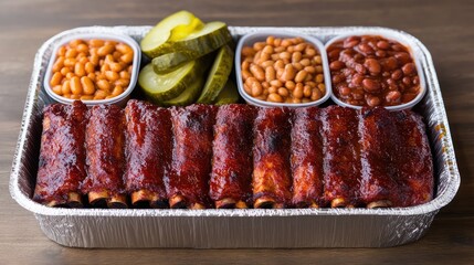 Poster - Smoky ribs arranged on a rustic platter with a side of baked beans and pickles, leaving generous negative space.