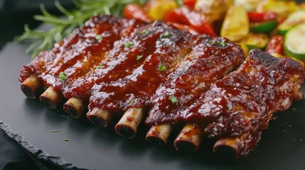 Poster - Sticky pork ribs with caramelized edges, served with roasted vegetables on a black plate, perfect for food visuals.