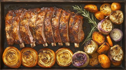 Poster - Sticky pork ribs with caramelized edges, served with roasted vegetables on a black plate, perfect for food visuals.