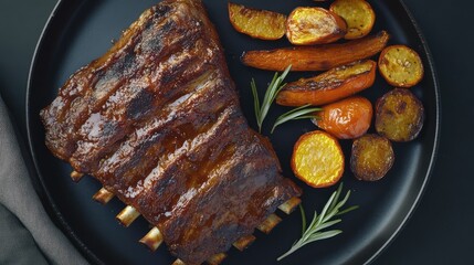 Poster - Sticky pork ribs with caramelized edges, served with roasted vegetables on a black plate, perfect for food visuals.