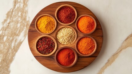 Poster - Top-down view of a rustic wooden table with various Indian spices like chili powder, turmeric, and garam masala, with ample copy space for a recipe.