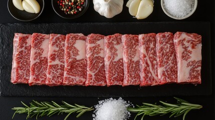 Poster - Top-down view of raw Wagyu beef ribeye, marbled to perfection, surrounded by rosemary sprigs, garlic cloves, and sea salt.