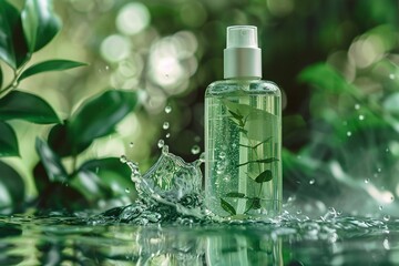 Poster - Cosmetic product in clear bottle with green leaves, surrounded by splashing water and lush foliage