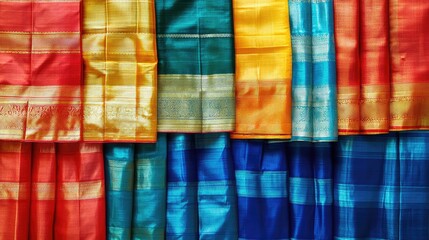 Poster - Top view of colorful silk sarees arranged in layers, showcasing their rich textures and patterns with copy space.