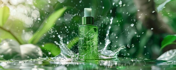 Poster - Green cosmetic bottle splashing in water with a natural green background for a fresh and natural concept