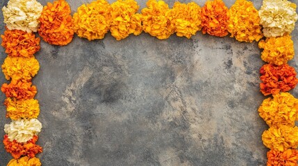 Poster - Top view of marigold garlands forming a decorative border, leaving ample copy space in the center.