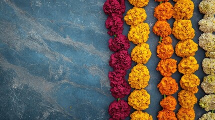 Poster - Top view of marigold garlands forming a decorative border, leaving ample copy space in the center.