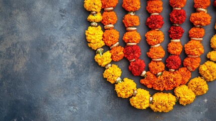 Poster - Top view of marigold garlands forming a decorative border, leaving ample copy space in the center.