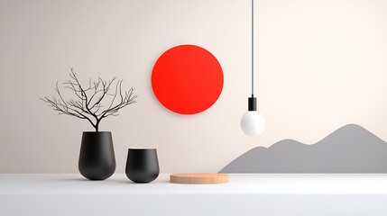 Poster - Minimalist scene with black pots, wooden platform, hanging bulb, and red circle on wall.