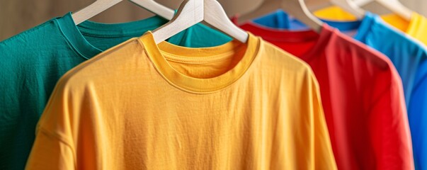 Poster - Colorful t-shirts hanging on wooden hangers against a brown background