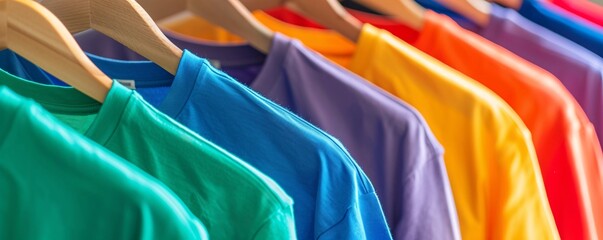 Poster - Colorful t-shirts displayed on wooden hangers in a trendy retail store