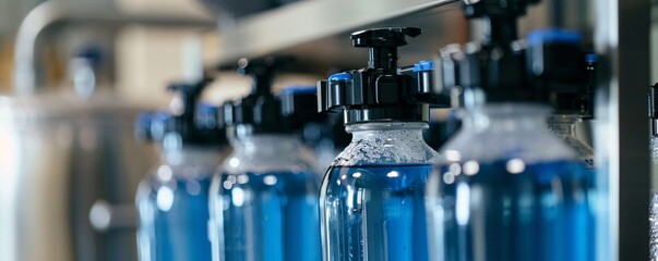 Poster - In a contemporary factory, automated machinery is filling a series of clear bottles with blue liquid