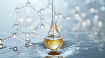 Aufkleber - Golden liquid droplet being released from a pipette into water, with a molecule model in the background