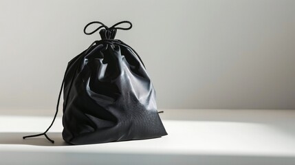 Poster - Black drawstring cloth bag is placed on a white tabletop surface