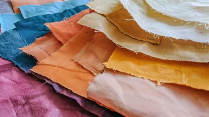 Poster - Colorful silk fabric samples arranged on a table in a fashion studio