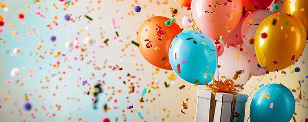 Wall Mural - Colorful balloons and falling confetti in a gift box for a birthday party