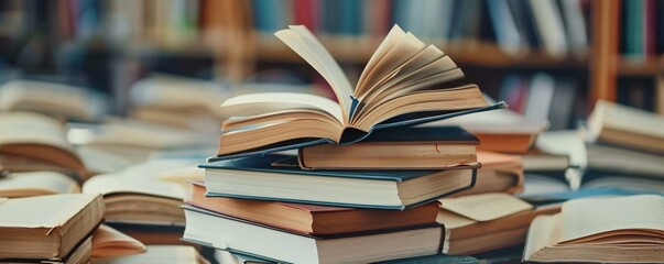 Poster - Open book is resting on a stack of books in a library