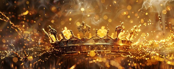 Aufkleber - Golden crown is glowing on a sparkling background with smoke, perfect for fantasy and royal themes