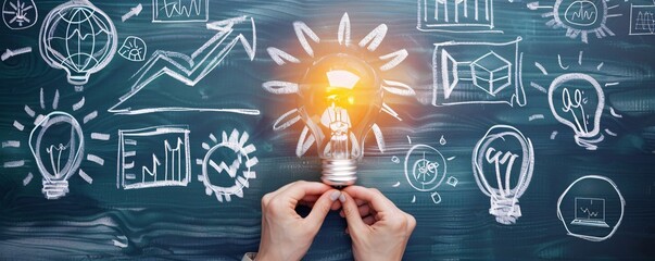 Aufkleber - Businesswoman is holding a bright light bulb in front of a blackboard with business concept sketches