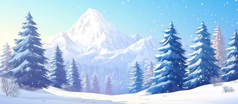 Snowy mountain winter scene; fir trees, snowfall; idyllic postcard