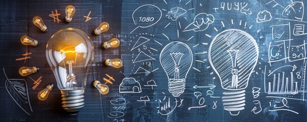 Leinwandbilder - Real light bulb is surrounded by other smaller ones and business ideas drawn on a blackboard