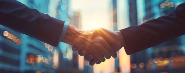 Poster - Two professionals sealing a deal with a handshake against a city backdrop