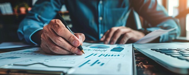 Poster - Businessman examines financial charts and graphs at his desk, using a pen to highlight the data