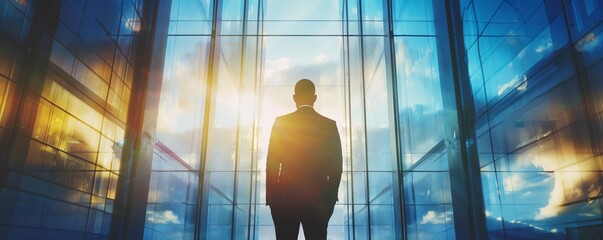 Poster - Businessman gazing out at the city from a modern office building lobby