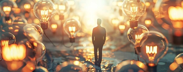 Poster - Man walks down a path surrounded by glowing light bulbs as the sun sets in the background