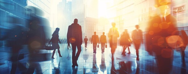 Poster - Business people are walking in a modern city with lens flare effect