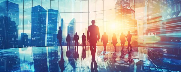 Poster - Business team walking towards modern city skyline at sunset, concept of corporate business success