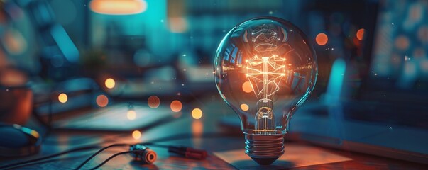 Leinwandbilder - Modern office desk at night with a brightly lit light bulb representing a new idea