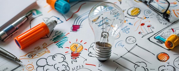 Aufkleber - light bulb surrounded by a business plan and scattered highlighters on a desk