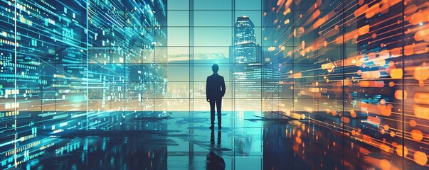 Poster - Businessman gazes out over the cityscape from a modern office using a futuristic digital interface