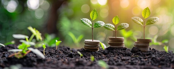 Aufkleber - Tiny trees sprouting from growing stacks of coins in rich soil with a sunny backdrop