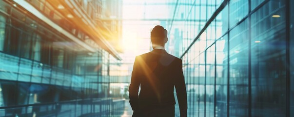 Poster - Businessman walking in modern office building corridor looking at bright future concept