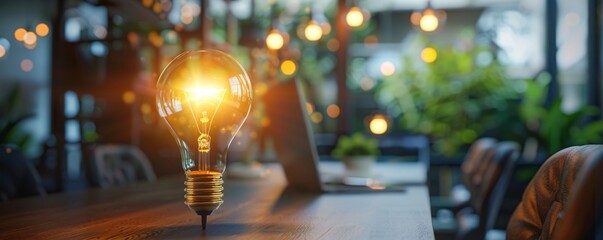 Poster - Glowing light bulb sits on a desk in a warmly-lit office, representing a fresh concept