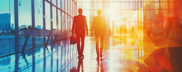 Poster - Two businessmen are walking away from the camera in a modern office building corridor at sunset