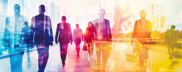 Poster - Business people walking in a modern city with a colorful double exposure effect