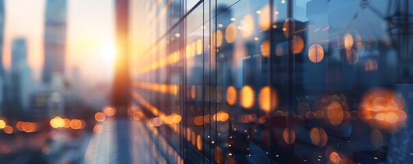 Aufkleber - Modern glass building exterior is reflecting the cityscape at sunset