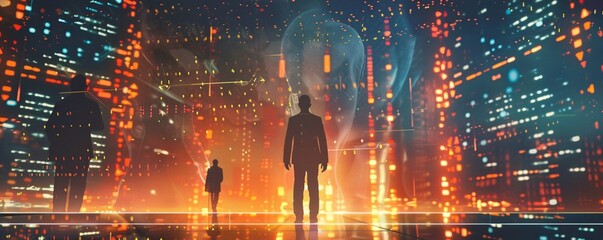 Leinwandbilder - Silhouettes of businessmen standing before a futuristic cityscape with glowing outlines of human heads