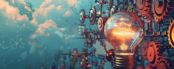 Leinwandbilder - Illustrating technological progress with a glowing light bulb surrounded by gears and network connections