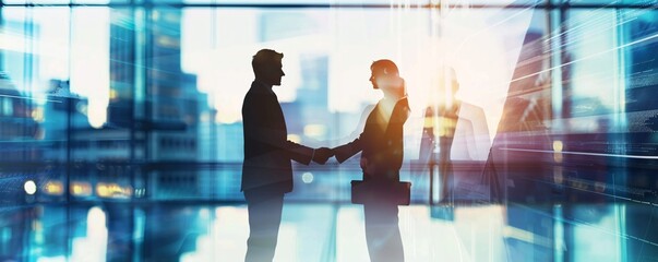 Poster - Business man and woman shaking hands in modern office with cityscape background, double exposure