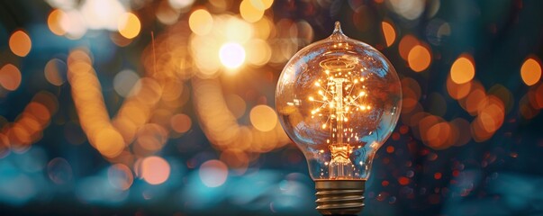 Leinwandbilder - Vintage light bulb glowing against a blurred background of warm lights, symbolizing inspiration and new ideas