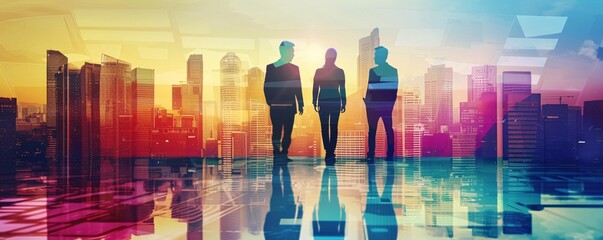 Poster - Three businesspeople standing in a modern cityscape with colorful overlay