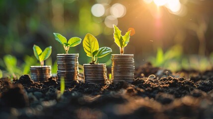 Poster - Seedlings growing from stacks of coins of increasing size symbolizing investment growth