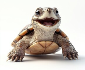 Poster - Cheerful Realistic Turtle Smiling on a Light Background, Close-Up Photography Showing Details of Shell, Eyes, and Skin Texture for Nature Lovers