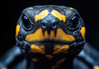Poster - Close-Up of a Colorful Tortoise Face with Bold Yellow and Black Patterns Against a Dark Background, Captured in High Detail